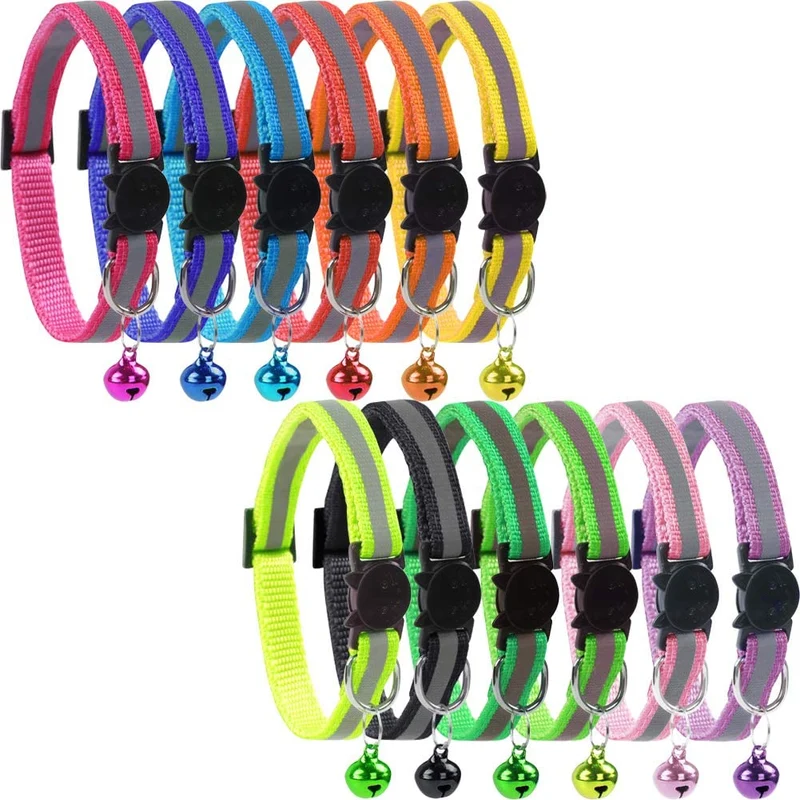 KZHAREE Collar reflectante de nailon para gato, campana, ajustable, para perros pequeños (12 piezas/juego)