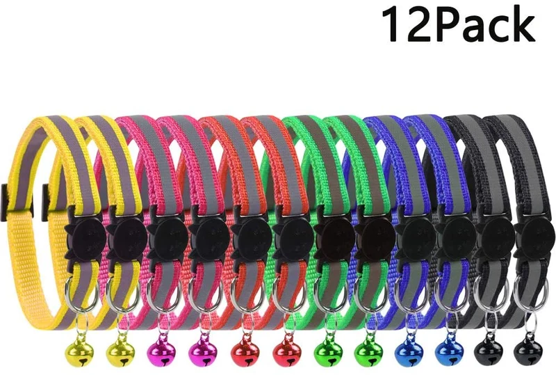KZHAREE Collar reflectante de nailon para gato, campana, ajustable, para perros pequeños (12 piezas/juego)