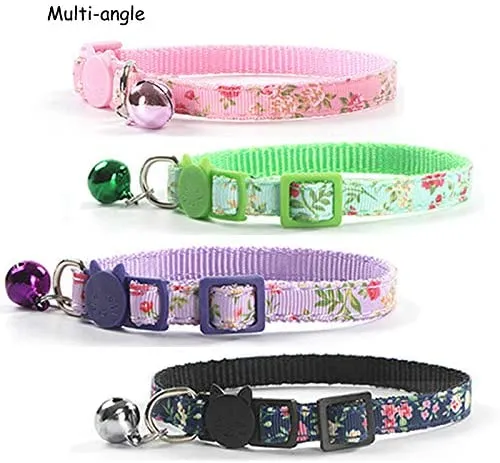 CHUKCHI 4 piezas de collares de gato de seguridad de liberación rápida con cascabel ajustable collar de gato con pequeño patrón floral colorido suave fuerte tira de nailon para gato, gatito