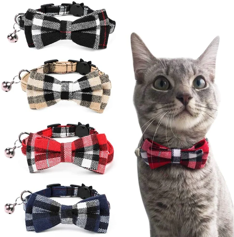 Malier 4 Pack Cat Collar Breakaway with Classic Plaid Bow Tie with Bell Perfact for Cats Kitty Kitten, Adjustable from 6.3~10.2 inch