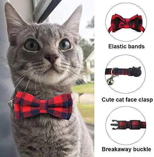 Malier 4 Pack Cat Collar Breakaway with Classic Plaid Bow Tie with Bell Perfact for Cats Kitty Kitten, Adjustable from 6.3~10.2 inch