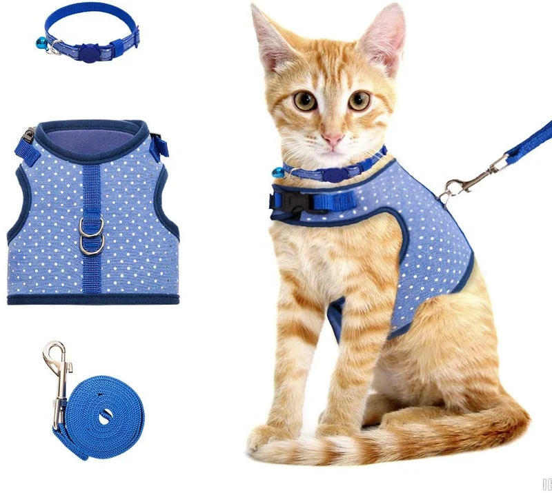 BINGPET Arnés para gato con correa y cuello para caminar, a prueba de escape, con correa de 59 pulgadas – Arneses de chaleco suave ajustable para gatos de tamaño mediano grande