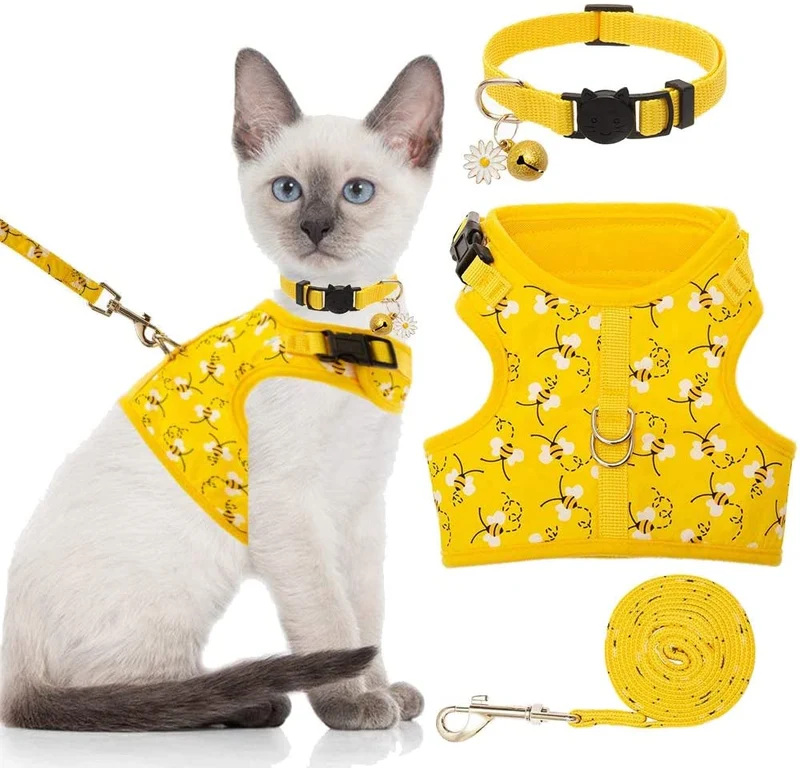 BINGPET Arnés para gato con correa y cuello para caminar, a prueba de escape, con correa de 59 pulgadas – Arneses de chaleco suave ajustable para gatos de tamaño mediano grande