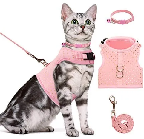 BINGPET Arnés para gato con correa y cuello para caminar, a prueba de escape, con correa de 59 pulgadas – Arneses de chaleco suave ajustable para gatos de tamaño mediano grande