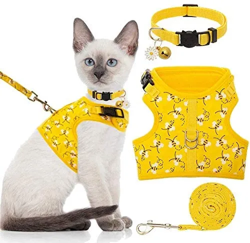 BINGPET Arnés para gato con correa y cuello para caminar, a prueba de escape, con correa de 59 pulgadas – Arneses de chaleco suave ajustable para gatos de tamaño mediano grande