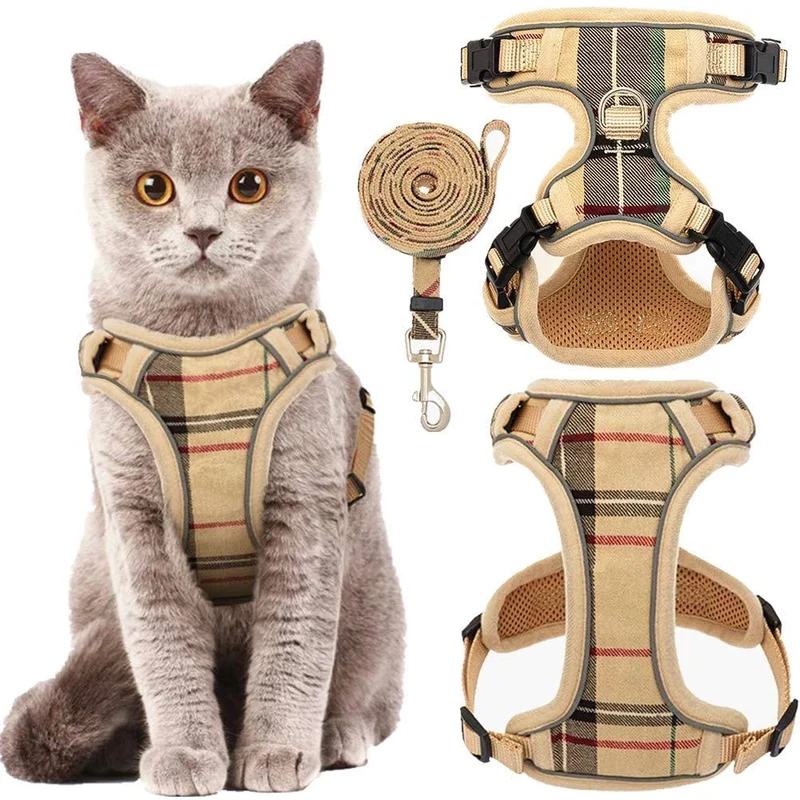 KOOLTAIL Arneses de gato a prueba de escape y correa – Beige a cuadros ajustables suave chaleco para mascotas para caminar, apto para gatos pequeños y medianos, cachorros