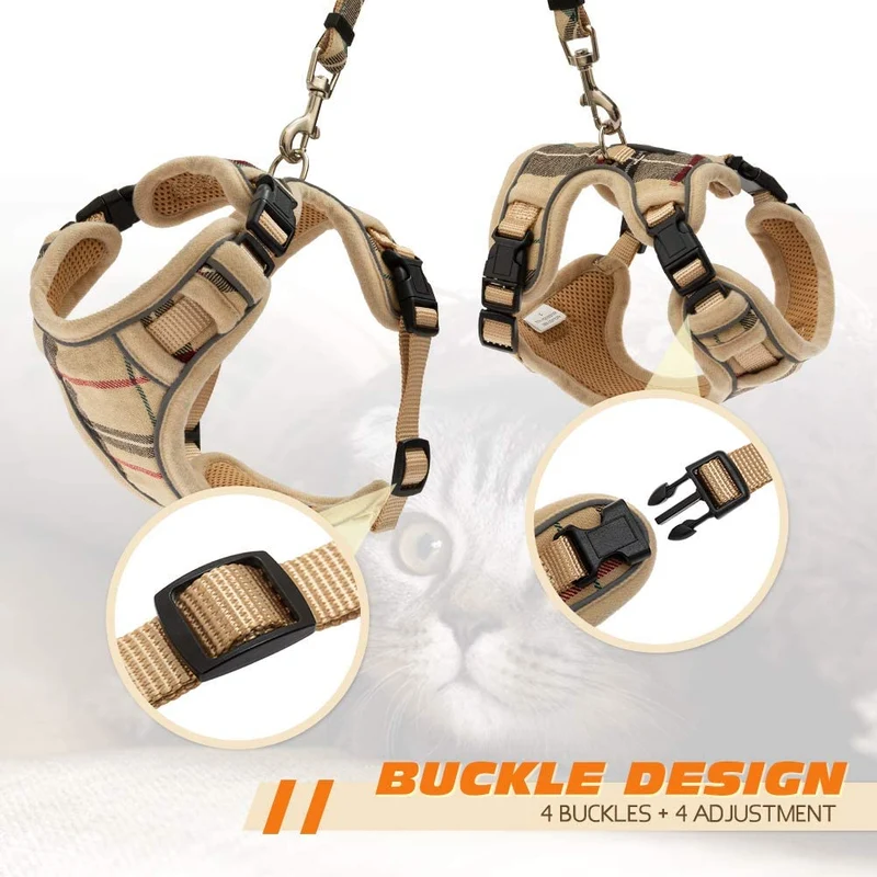 KOOLTAIL Arneses de gato a prueba de escape y correa – Beige a cuadros ajustables suave chaleco para mascotas para caminar, apto para gatos pequeños y medianos, cachorros