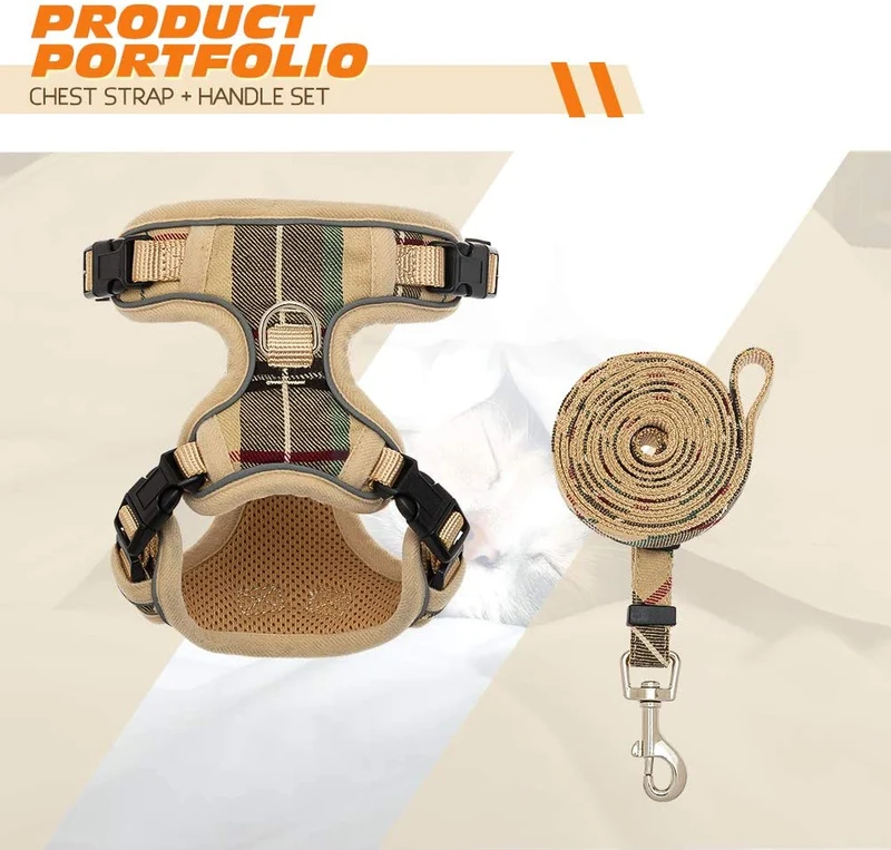 KOOLTAIL Arneses de gato a prueba de escape y correa – Beige a cuadros ajustables suave chaleco para mascotas para caminar, apto para gatos pequeños y medianos, cachorros