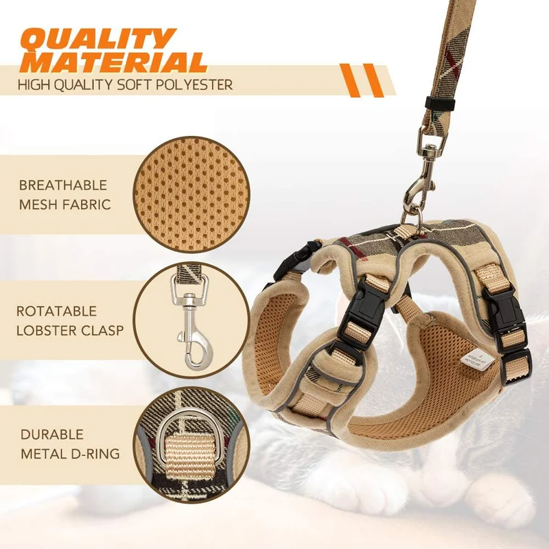 KOOLTAIL Arneses de gato a prueba de escape y correa – Beige a cuadros ajustables suave chaleco para mascotas para caminar, apto para gatos pequeños y medianos, cachorros