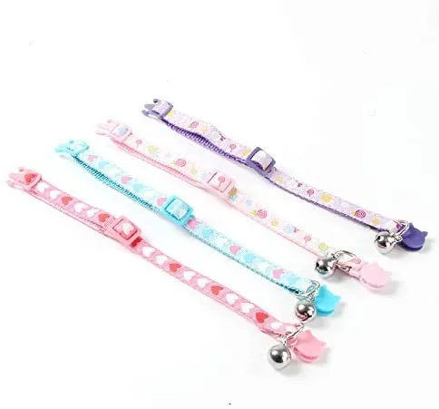 CHUKCHI 4 piezas de collar de gatito, suave y ajustable, collar de seguridad para gato con campana de 20 a 11.8 in, collar de campana de gato con tira de nailon en forma de corazón para gato, cachorro, gatito