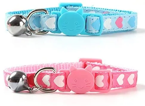 CHUKCHI 4 piezas de collar de gatito, suave y ajustable, collar de seguridad para gato con campana de 20 a 11.8 in, collar de campana de gato con tira de nailon en forma de corazón para gato, cachorro, gatito