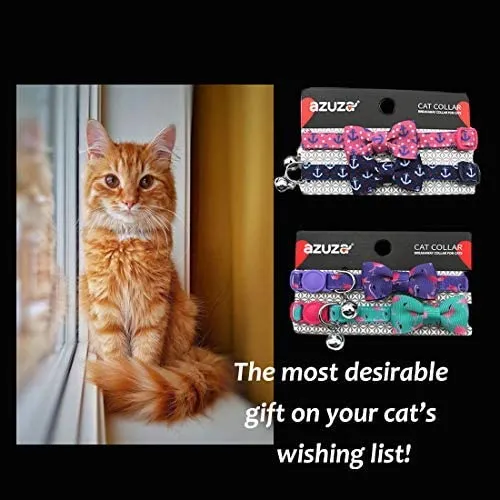 azuza Collar para gato con campana, collar ajustable para gato con pajarita, collares de seguridad para gatos, paquete de 2