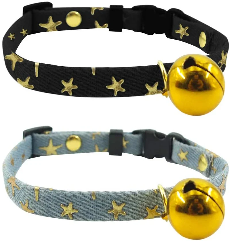 SLSON - 2 collares para gatos con campana para gatitos y cachorros, lindo collar con patrón de estrellas y campana dorada para gatito de mascota ajustable de 8 a 12 pulgadas