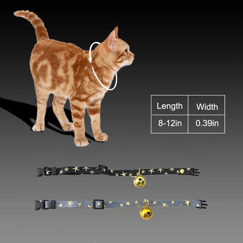 SLSON - 2 collares para gatos con campana para gatitos y cachorros, lindo collar con patrón de estrellas y campana dorada para gatito de mascota ajustable de 8 a 12 pulgadas