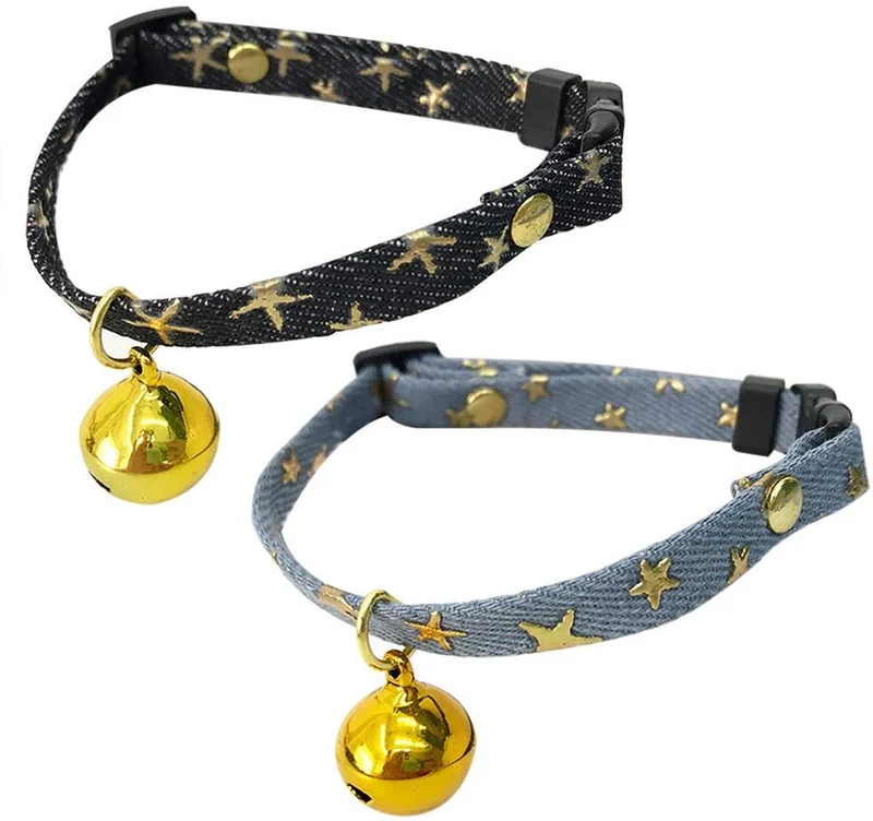 SLSON - 2 collares para gatos con campana para gatitos y cachorros, lindo collar con patrón de estrellas y campana dorada para gatito de mascota ajustable de 8 a 12 pulgadas