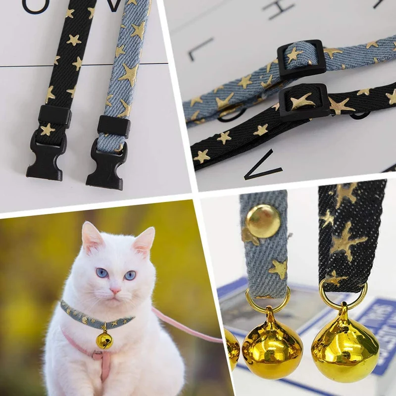 SLSON - 2 collares para gatos con campana para gatitos y cachorros, lindo collar con patrón de estrellas y campana dorada para gatito de mascota ajustable de 8 a 12 pulgadas