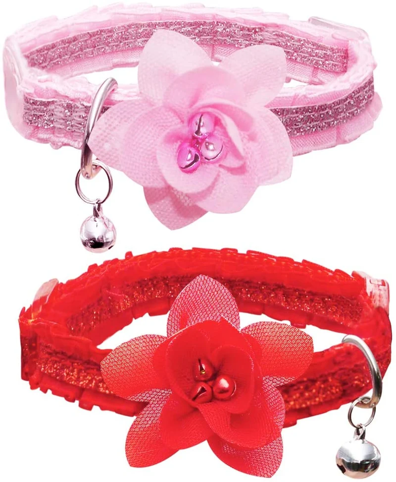 azuza Collar para gato con campana, 2 collares con purpurina para gato con accesorios de flores, rojo y rosa romántico