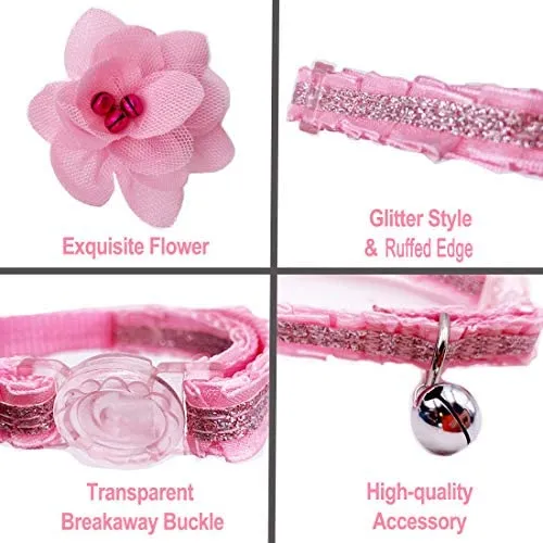 azuza Collar para gato con campana, 2 collares con purpurina para gato con accesorios de flores, rojo y rosa romántico