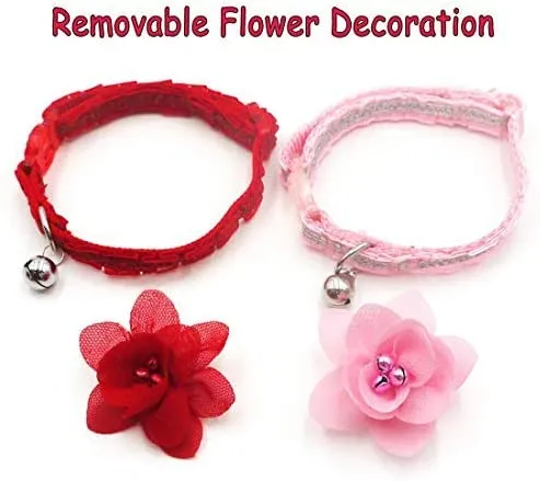 azuza Collar para gato con campana, 2 collares con purpurina para gato con accesorios de flores, rojo y rosa romántico