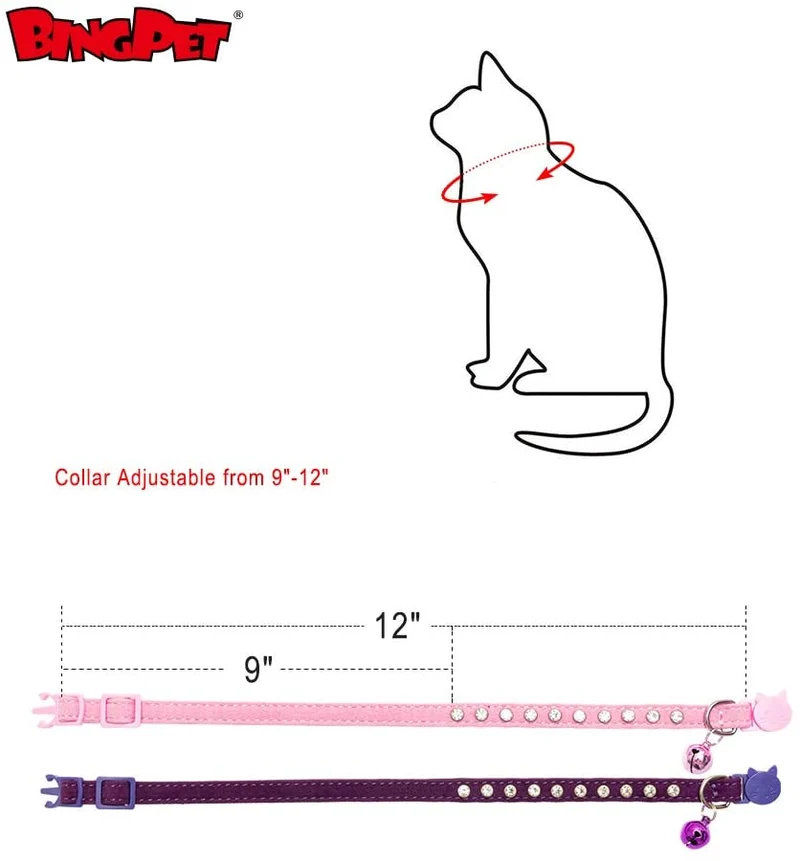 BINGPET Collar de gato con campanas Breakaway, suave terciopelo seguro, collares ajustables con diamante brillante, rosa y morado, 2 unidades
