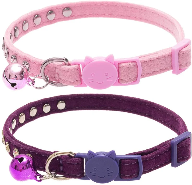 BINGPET Collar de gato con campanas Breakaway, suave terciopelo seguro, collares ajustables con diamante brillante, rosa y morado, 2 unidades