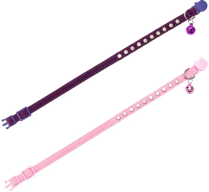 BINGPET Collar de gato con campanas Breakaway, suave terciopelo seguro, collares ajustables con diamante brillante, rosa y morado, 2 unidades