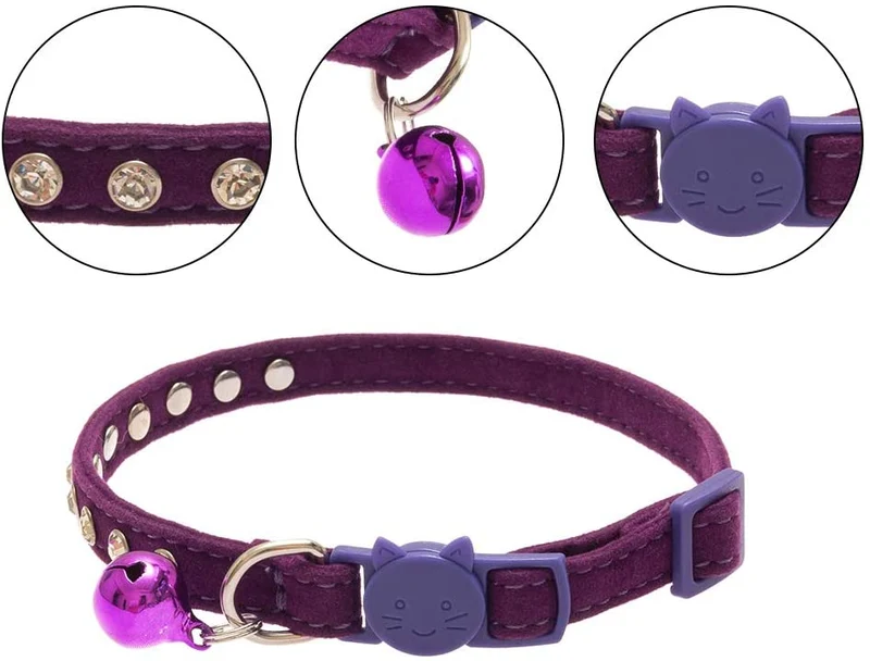 BINGPET Collar de gato con campanas Breakaway, suave terciopelo seguro, collares ajustables con diamante brillante, rosa y morado, 2 unidades