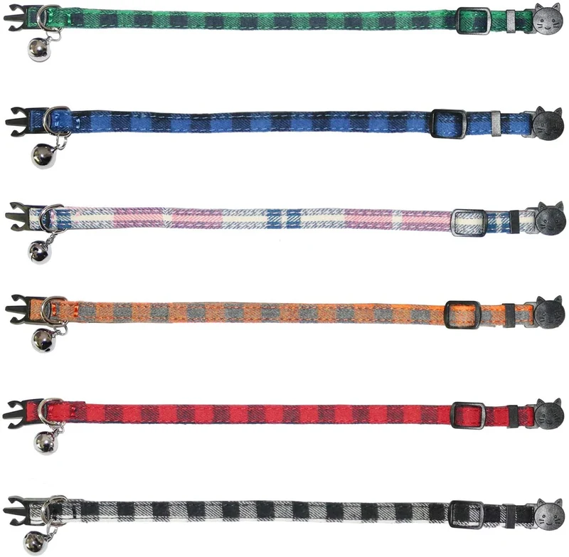 BWOGUE Collar para gato con campana – 6 paquetes de colores clásicos a cuadros, collares de seguridad ajustables para cachorro de gatito