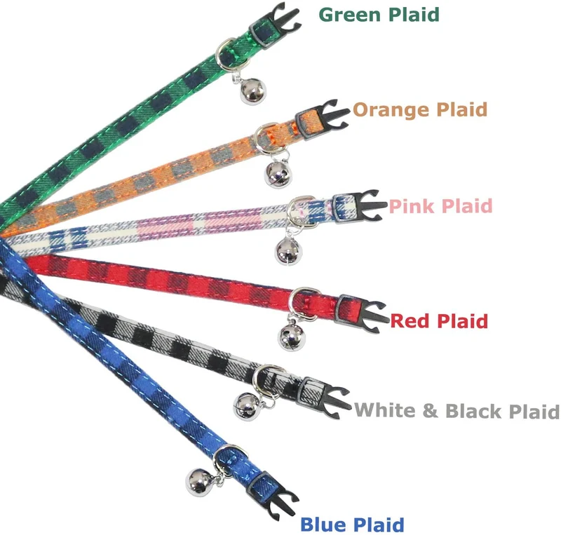 BWOGUE Collar para gato con campana – 6 paquetes de colores clásicos a cuadros, collares de seguridad ajustables para cachorro de gatito