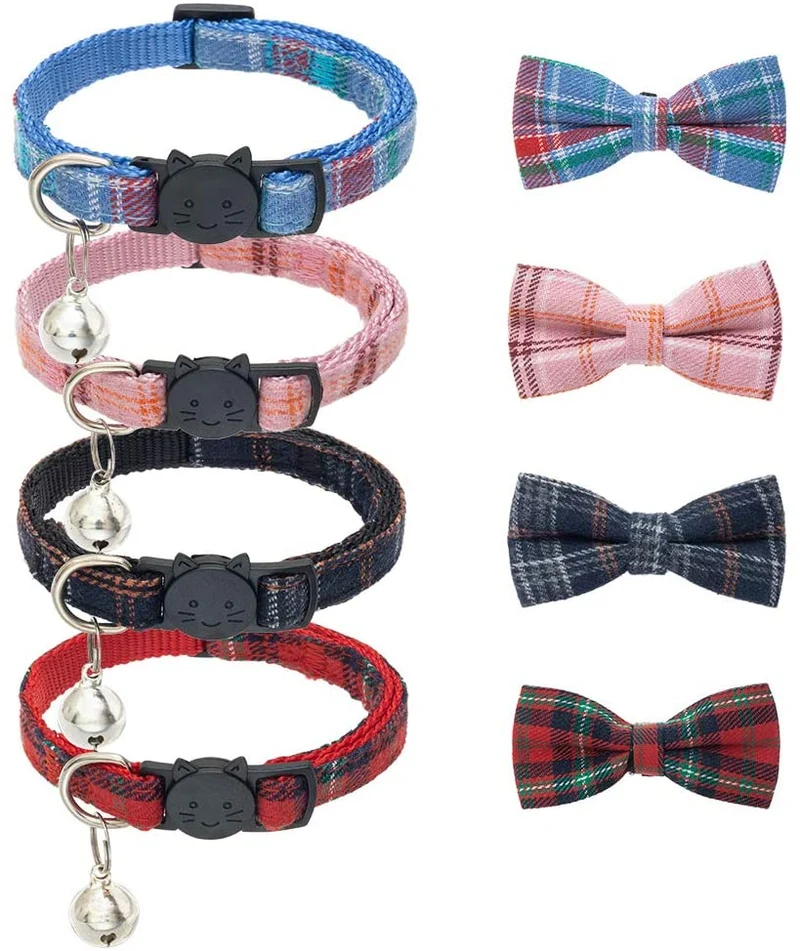 BINGPET Collar de gato Breakaway lindo pajarita con campana 4 unidades – Collares de seguridad desmontables y ajustables para gatito, incluyendo azul, rojo, rosa, azul marino