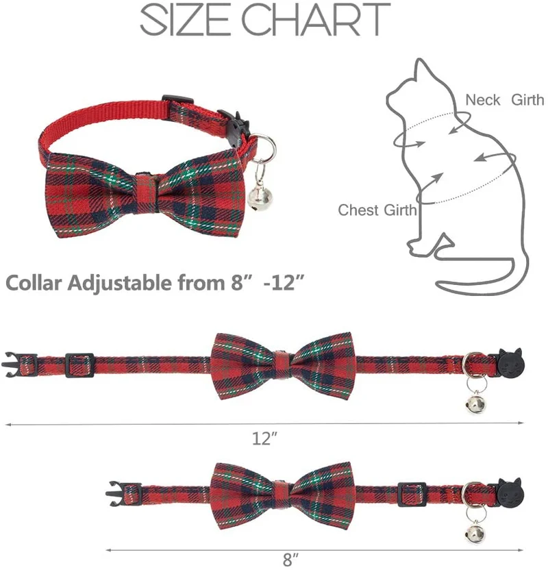 BINGPET Collar de gato Breakaway lindo pajarita con campana 4 unidades – Collares de seguridad desmontables y ajustables para gatito, incluyendo azul, rojo, rosa, azul marino