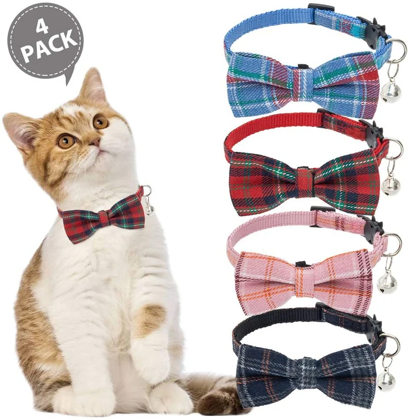 BINGPET Collar de gato Breakaway lindo pajarita con campana 4 unidades – Collares de seguridad desmontables y ajustables para gatito, incluyendo azul, rojo, rosa, azul marino
