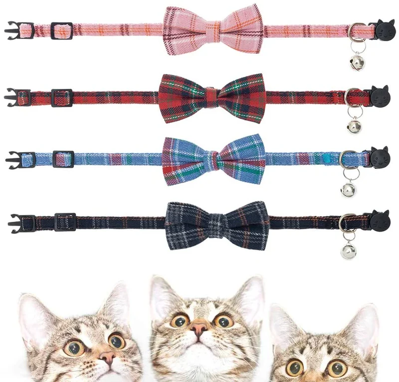 BINGPET Collar de gato Breakaway lindo pajarita con campana 4 unidades – Collares de seguridad desmontables y ajustables para gatito, incluyendo azul, rojo, rosa, azul marino