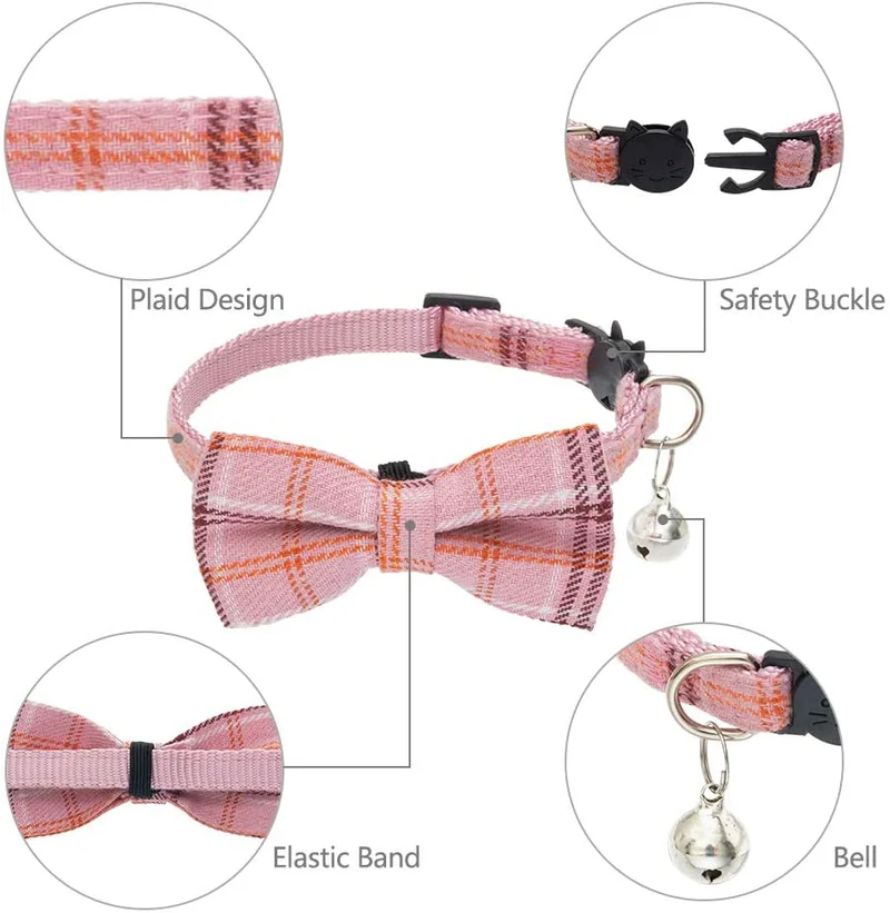 BINGPET Collar de gato Breakaway lindo pajarita con campana 4 unidades – Collares de seguridad desmontables y ajustables para gatito, incluyendo azul, rojo, rosa, azul marino