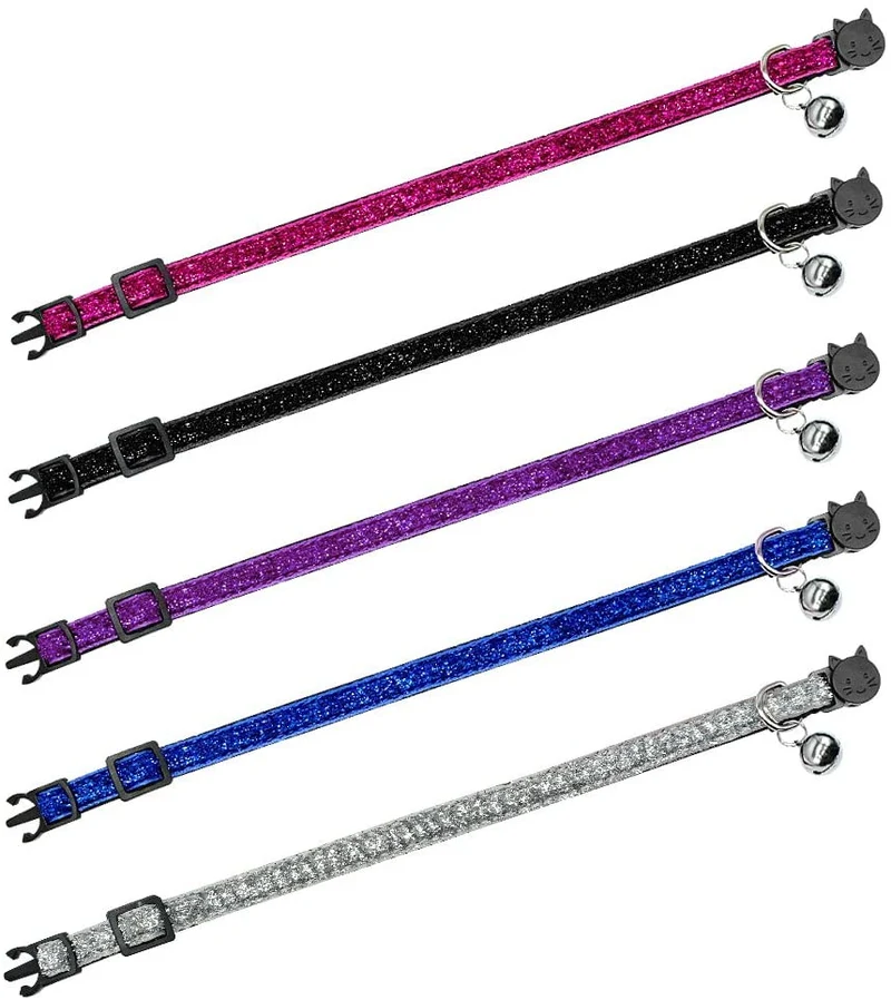 Beirui - Juego de 5 collares de navidad para perros y gatos, ajustables con campanas, hebilla de liberación rápida, collar de gato con purpurina, cuello pequeño para 7-10.5 in