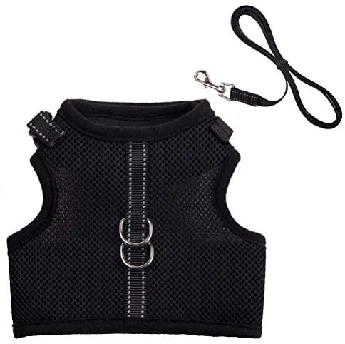 PUPTECK Cat Leash Reflective Escape Proof Harness - Black Soft Mesh Adjustable - Best for Walking