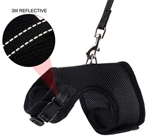 PUPTECK Cat Leash Reflective Escape Proof Harness - Black Soft Mesh Adjustable - Best for Walking