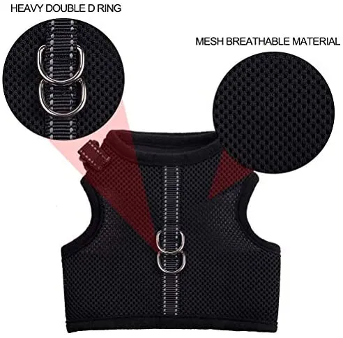 PUPTECK Cat Leash Reflective Escape Proof Harness - Black Soft Mesh Adjustable - Best for Walking