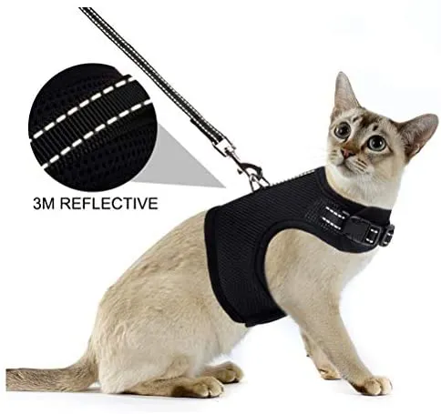 PUPTECK Cat Leash Reflective Escape Proof Harness - Black Soft Mesh Adjustable - Best for Walking