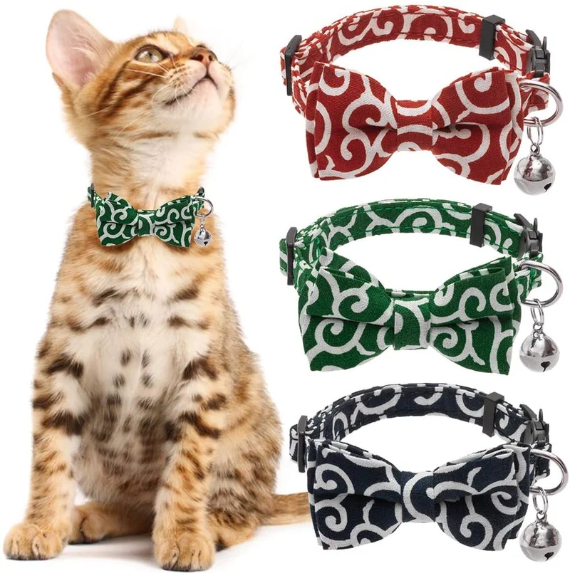 KOOLTAIL Bowtie Collar de gato con campana, 3 unidades de collares ajustables estilo japonés Kimono Ninja para gatos, gatitos, cachorros