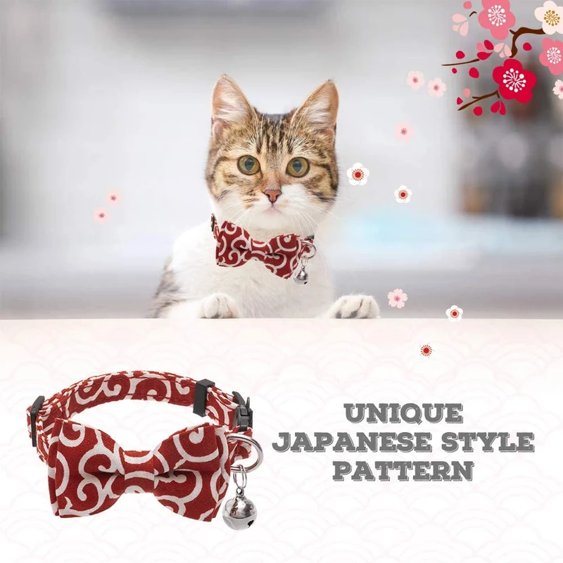 KOOLTAIL Bowtie Collar de gato con campana, 3 unidades de collares ajustables estilo japonés Kimono Ninja para gatos, gatitos, cachorros