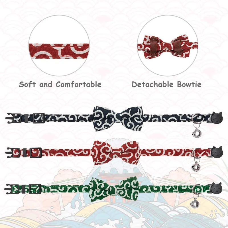 KOOLTAIL Bowtie Collar de gato con campana, 3 unidades de collares ajustables estilo japonés Kimono Ninja para gatos, gatitos, cachorros
