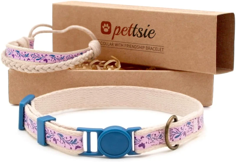 Pettsie - Pulsera de amistad con collar de gato y collar a juego, caja de regalo ecológica, anillo en D para accesorios, 100% algodón para mayor seguridad y comodidad, ajustable de 7.5 – 11.5 in