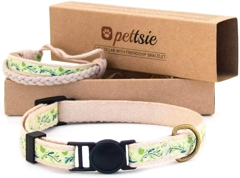 Pettsie - Pulsera de amistad con collar de gato y collar a juego, caja de regalo ecológica, anillo en D para accesorios, 100% algodón para mayor seguridad y comodidad, ajustable de 7.5 – 11.5 in