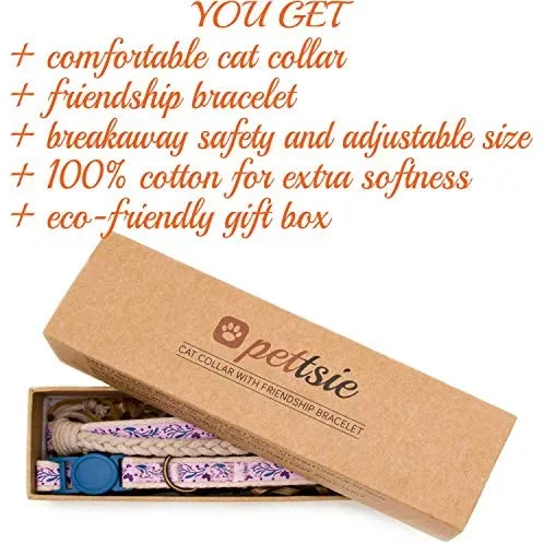 Pettsie - Pulsera de amistad con collar de gato y collar a juego, caja de regalo ecológica, anillo en D para accesorios, 100% algodón para mayor seguridad y comodidad, ajustable de 7.5 – 11.5 in