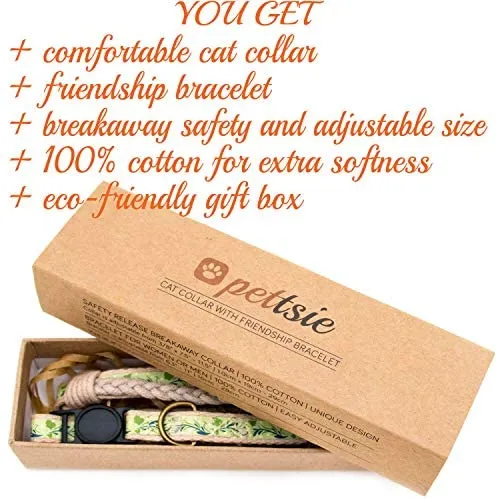 Pettsie - Pulsera de amistad con collar de gato y collar a juego, caja de regalo ecológica, anillo en D para accesorios, 100% algodón para mayor seguridad y comodidad, ajustable de 7.5 – 11.5 in