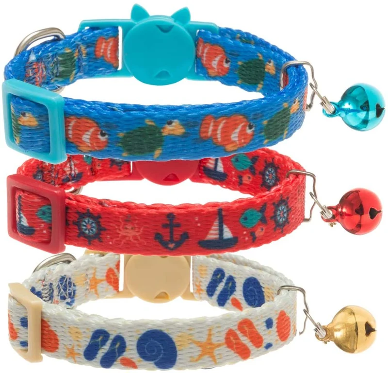 PAWCHIE - Collar ajustable para gato con campana, diseño de patrón oceánico para gatito (3 unidades)