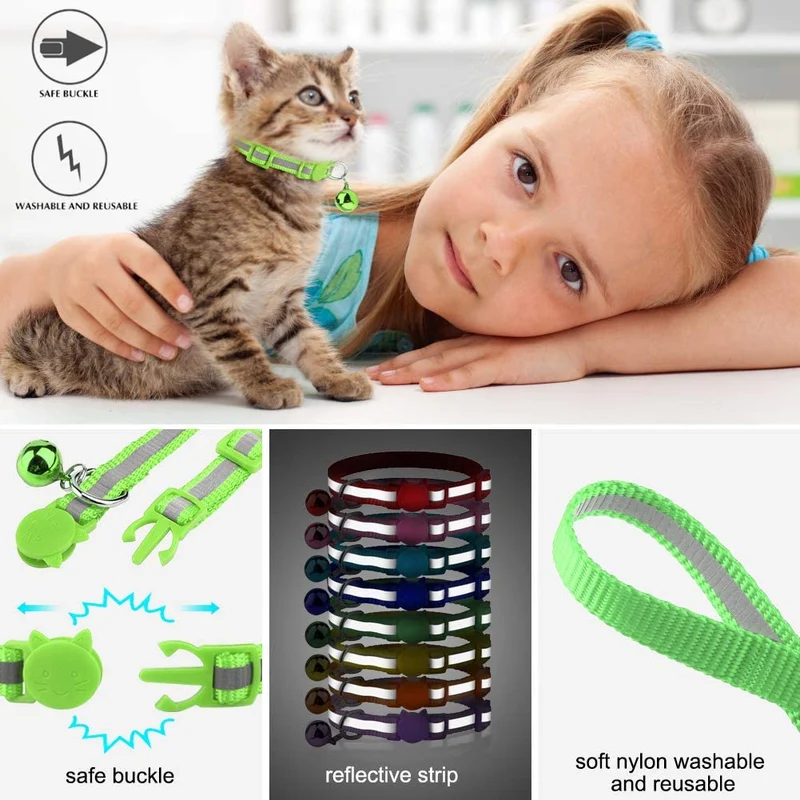 Milliepet - 8 collares reflectantes para gato con campana de nailon colorido ajustable para Kitty