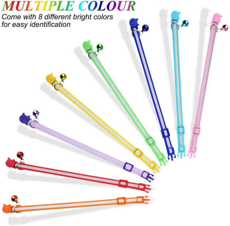 Milliepet - 8 collares reflectantes para gato con campana de nailon colorido ajustable para Kitty