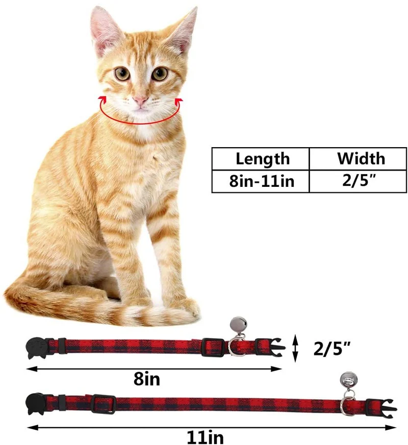 SLSON - Juego de 4 collares para gato con campana, a cuadros y pajarita para mascotas, gatitos y gatos, ajustables de 8 a 11 pulgadas, negro, azul, rojo y verde